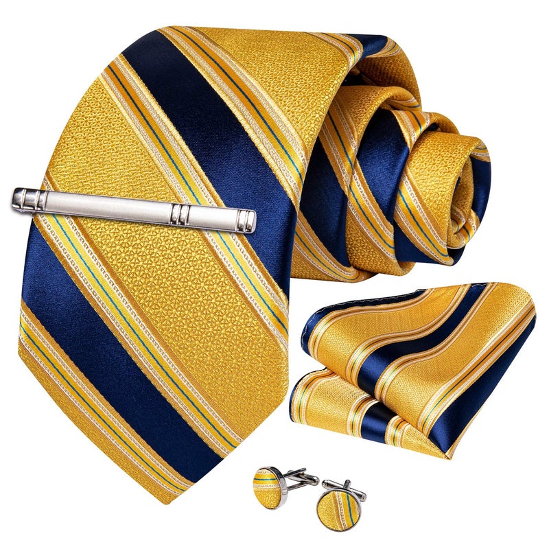 DiBanGu Mens Striped Tie Silk Woven Necktie and Pocket Square Cufflinks Tie Clip Set Wedding Business Formal, Yellow and Blue - Image 3